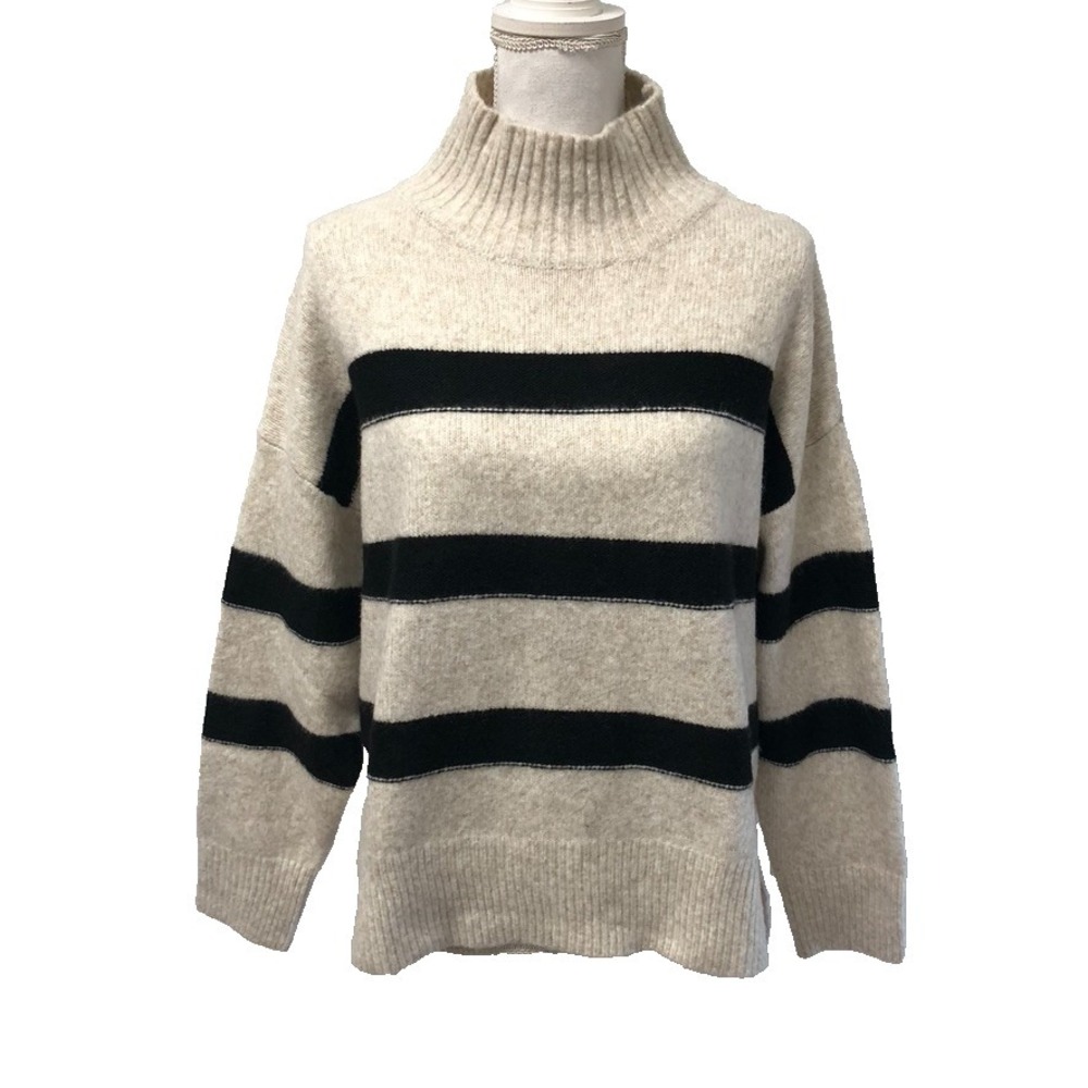 Line And Dot Sweater Jumper Womens XS Beige Black Stripe Mock Neck Preppy